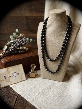 Nina Ricci "Ricci Ricci" Black Bead & Satin Ribbon Necklace - Designer Statement